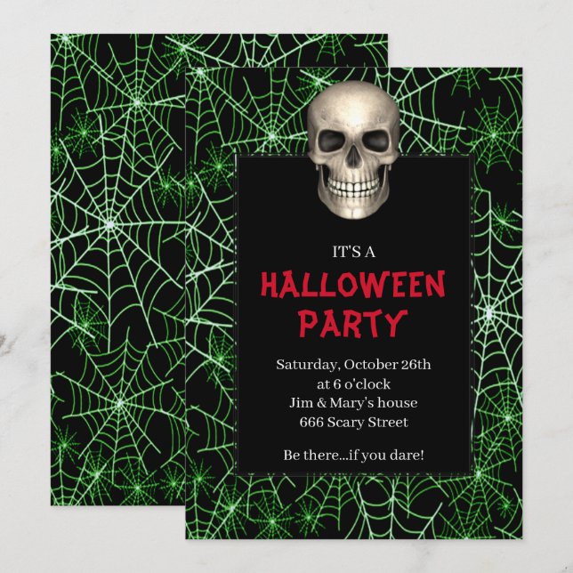 Gothic Skull Green Spider Web Halloween Party Invitation (Front/Back)