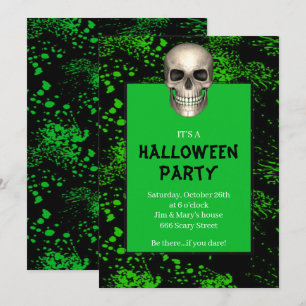 Gothic Skull Green Splatter Halloween Party Invitation