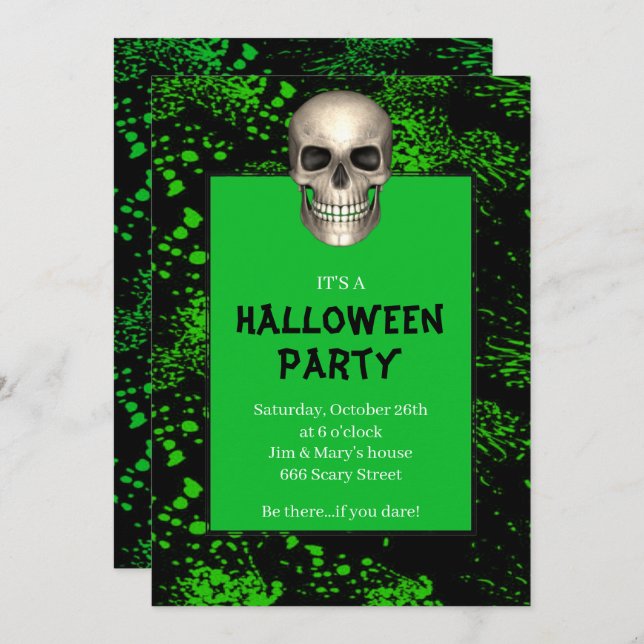Gothic Skull Green Splatter Halloween Party Invitation (Front/Back)