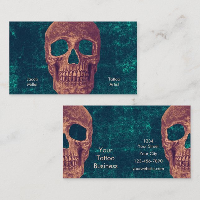 Gothic Skull Green Teal Brown Texture Tattoo Shop Business Card (Front/Back)