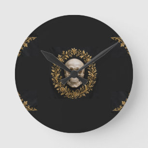 Gothic Skull Halloween Garden Flag Black Gold Round Clock