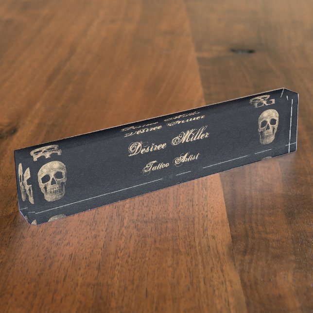 Gothic Skull Head Beige Black Floral Tattoo Artist Nameplate (Side)