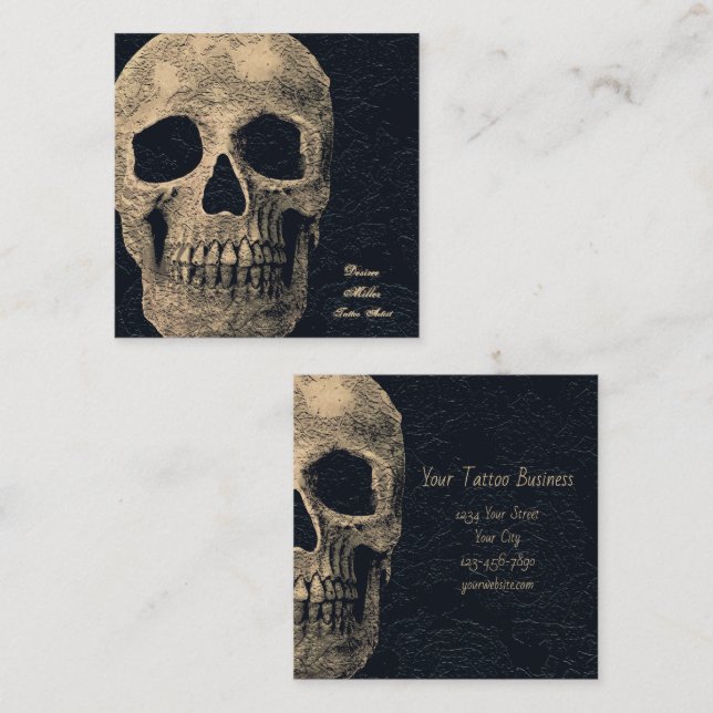 Gothic Skull Head Beige Black Floral Tattoo Artist Square Business Card (Front/Back)