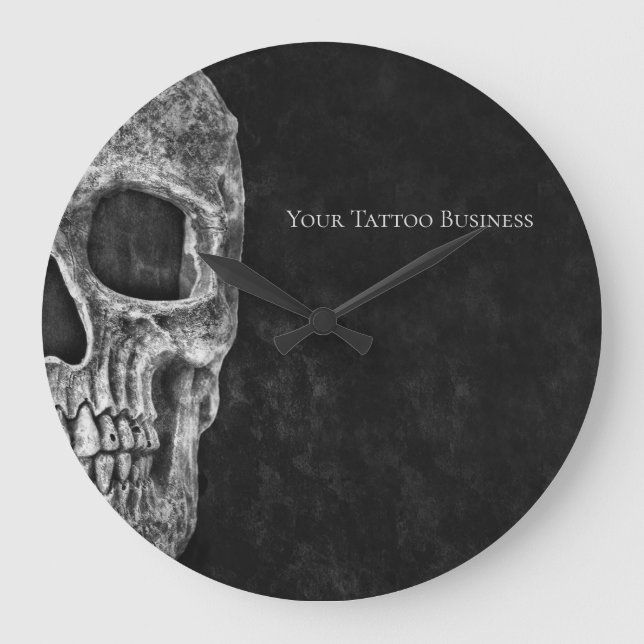 Gothic Skull Head Black And White Tattoo Shop Large Clock (Front)