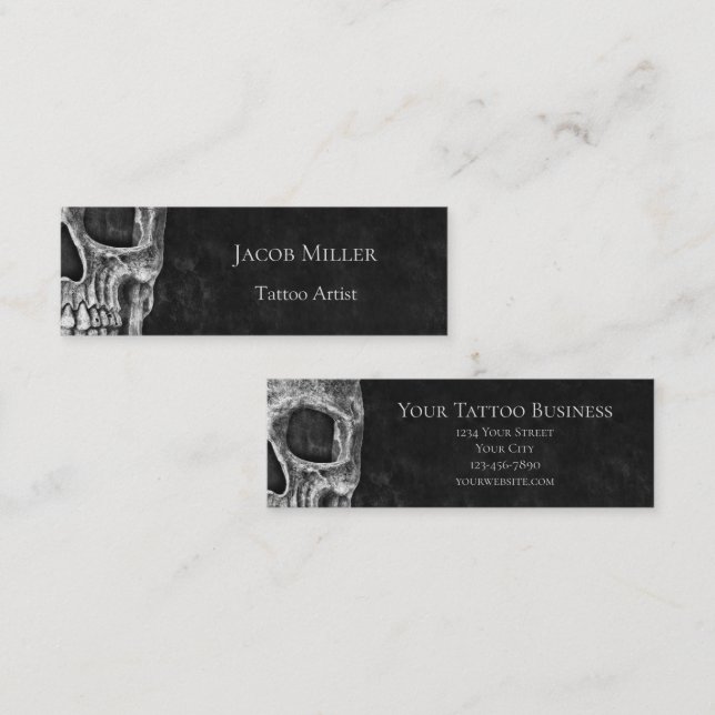Gothic Skull Head Black And White Tattoo Shop Mini Business Card (Front/Back)