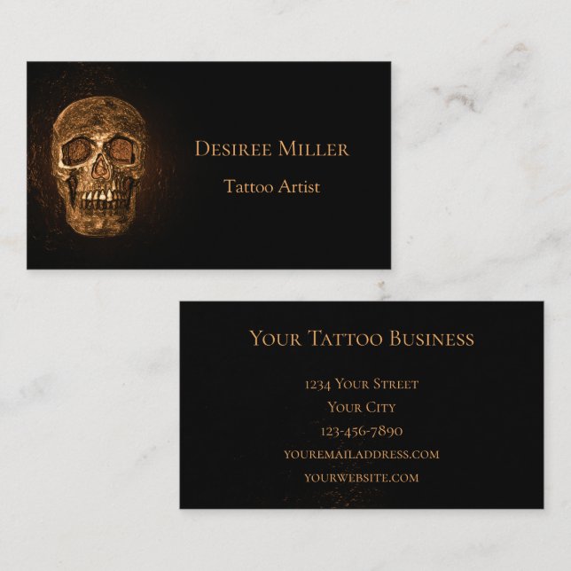 Gothic Skull Head Glowing Gold Black Tattoo Shop Business Card (Front/Back)