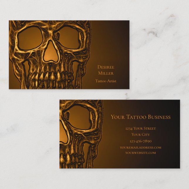 Gothic Skull Head Gold Metallic Tattoo Shop Business Card (Front/Back)