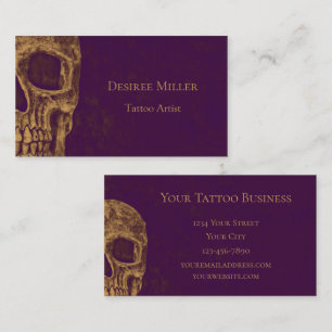 Gothic Skull Head Gold Purple Tattoo Shop Business Card