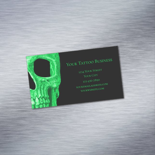 Gothic Skull Head Green Neon Black Tattoo Shop Magnetic Business Card (In Situ)