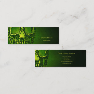 Gothic Skull Head Green Neon Metallic Tattoo Shop Mini Business Card