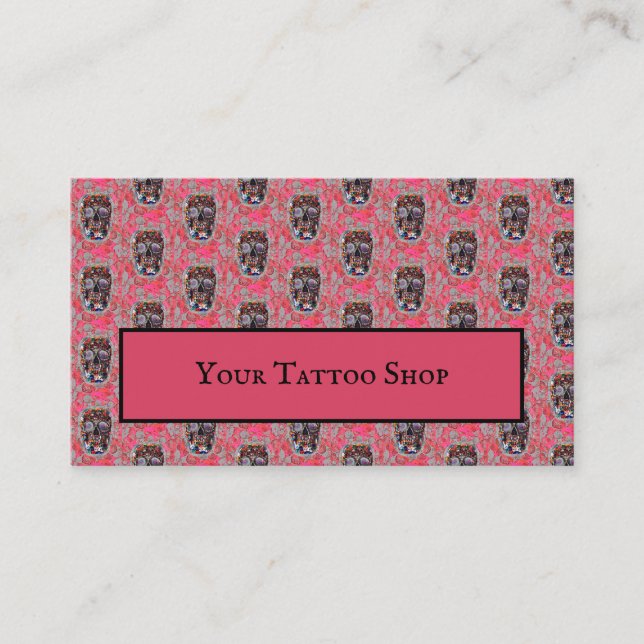 Gothic Skull Head Pattern Pink Balloon Tattoo Shop Business Card (Front)