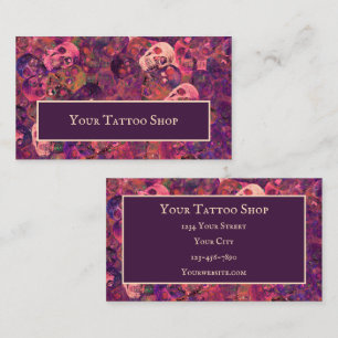 Gothic Skull Head Pattern Purple Pink Tattoo Shop Business Card