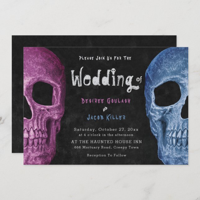 Gothic Skull Head Pink Blue Halloween Wedding Invitation (Front/Back)
