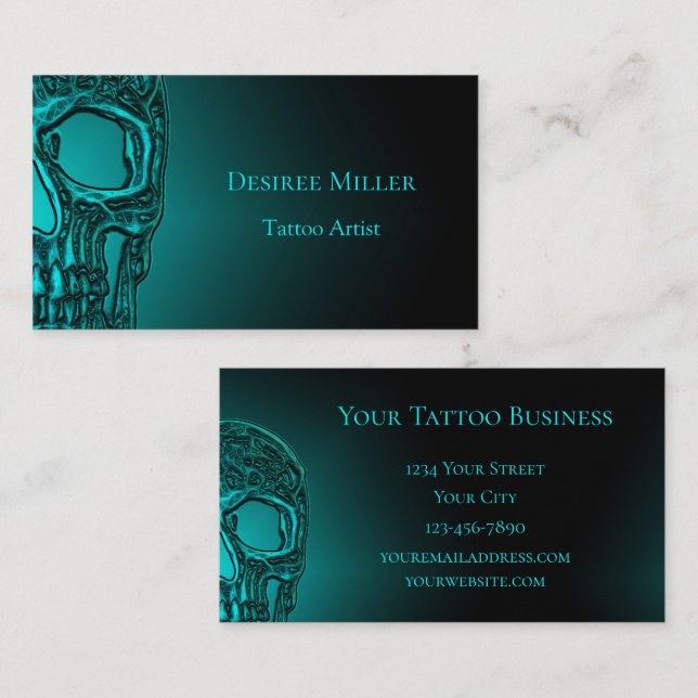 Gothic Skull Head Teal Green Tattoo Shop Business Card (Front/Back)