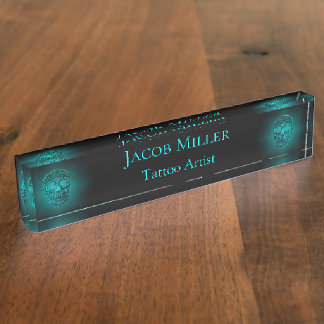 Gothic Skull Head Teal Green Tattoo Shop Nameplate