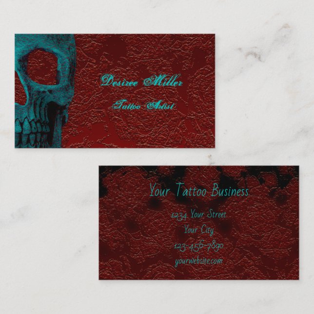 Gothic Skull Head Teal Red Floral Tattoo Artist Business Card (Front/Back)