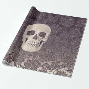 Gothic Skull Head White Gray Modern Vintage Floral Wrapping Paper