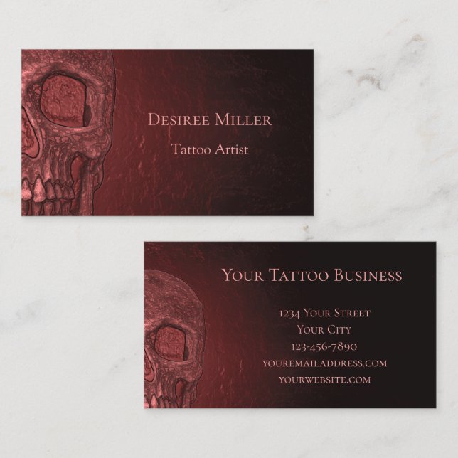 Gothic Skull Metallic Red Pink Tattoo Shop Business Card (Front/Back)