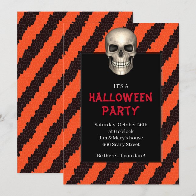 Gothic Skull Orange Stripe Halloween Party Invitation (Front/Back)