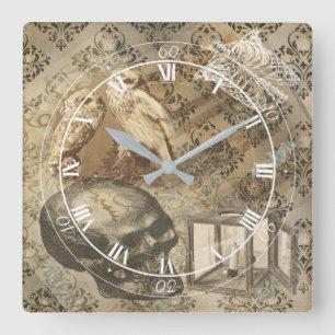 Gothic Skull, Owls and Candle Ephemera Square Wall Clock