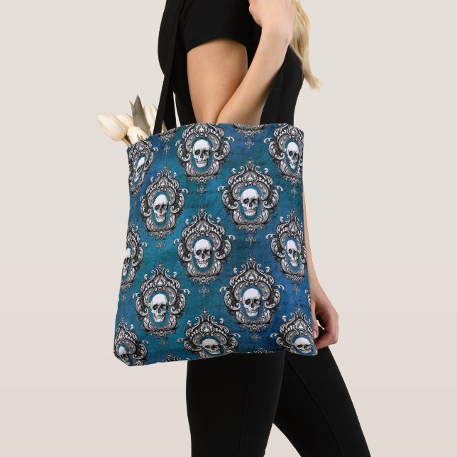 Gothic Skull Pattern on Blue Tote Bag (Close Up)