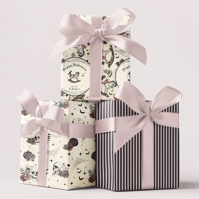 Gothic Skull Pink Roses Pumpkin Girl Halloween Wrapping Paper Sheet (Gothic Halloween Baby Girl Pattern. Rocking Horse, Cute Goth Skulls & Roses, Pink & Black Stripes)