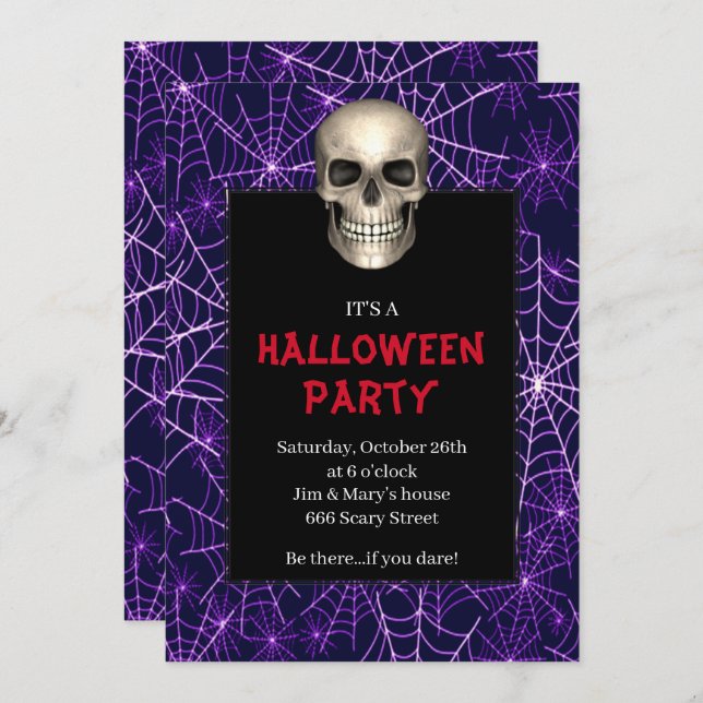 Gothic Skull Purple Spider Web Halloween Party Invitation (Front/Back)
