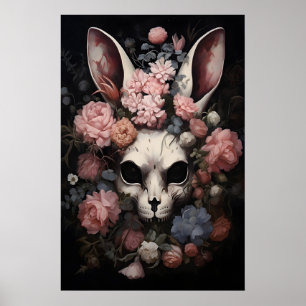 Gothic Skull Rabbit Print, Dark Floral Hare Poster