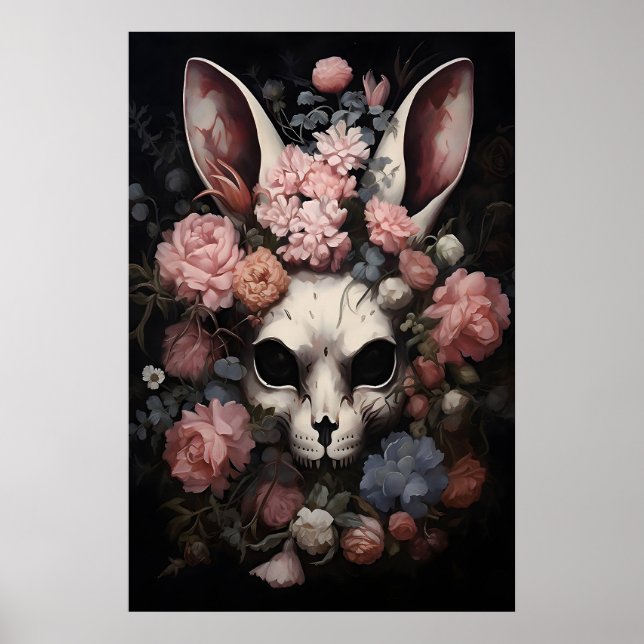 Gothic Skull Rabbit Print, Dark Floral Hare Poster (Front)