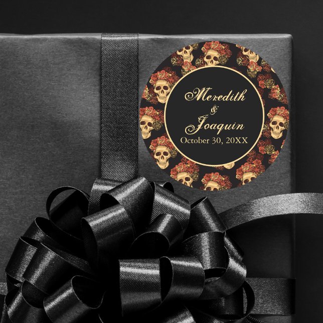 Gothic Skull Red Rose Black Halloween Wedding Classic Round Sticker (Creator Uploaded)