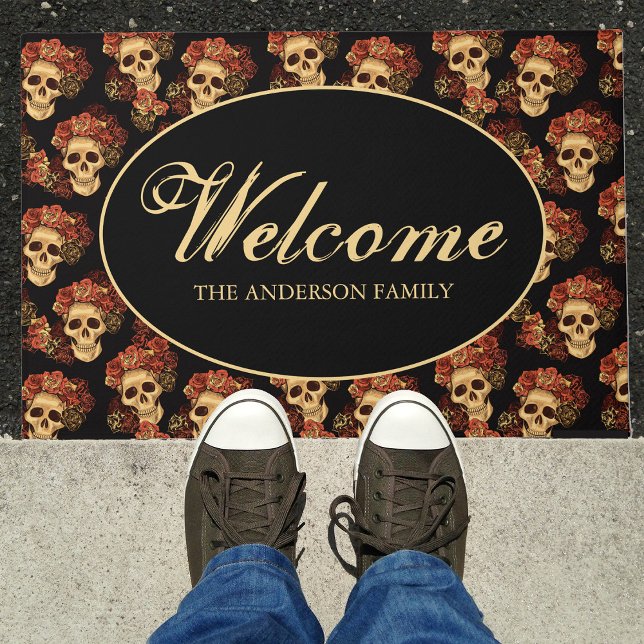 Gothic Skull Red Rose Black Halloween Welcome Doormat (Creator Uploaded)