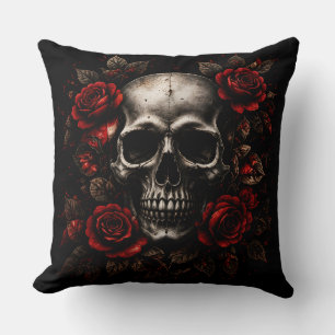 Gothic Skull Red Roses Dark Aesthetic Throw Pillow