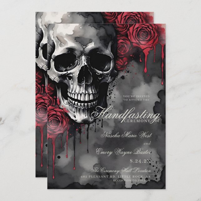Gothic Skull & Red Roses Halloween Handfasting Invitation (Front/Back)