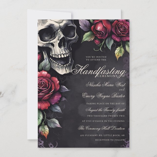 Gothic Skull & Red Roses Halloween Handfasting Invitation (Front)
