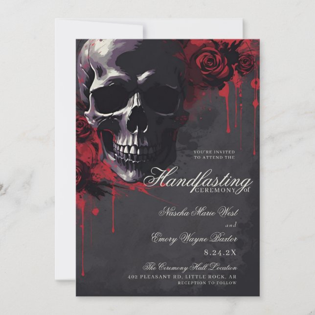 Gothic Skull & Red Roses Halloween Handfasting Invitation (Front)