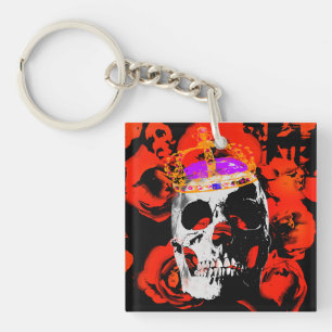 Gothic Skull Red Roses Key Ring