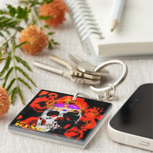 Gothic Skull Red Roses Key Ring