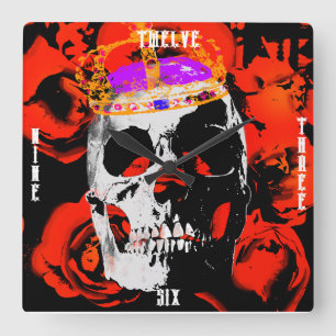 Gothic Skull Red Roses Square Wall Clock