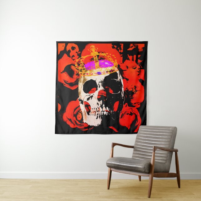 Gothic Skull Red Roses Tapestry (In Situ)