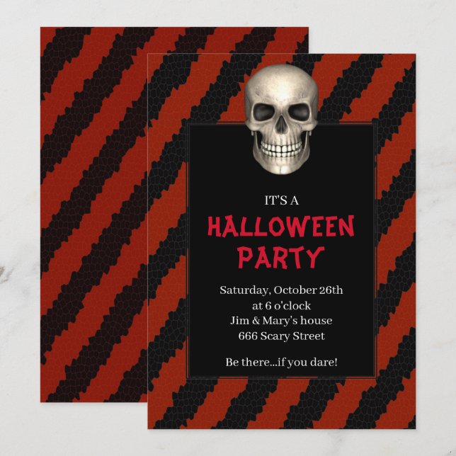 Gothic Skull Red Stripe Halloween Party Invitation (Front/Back)