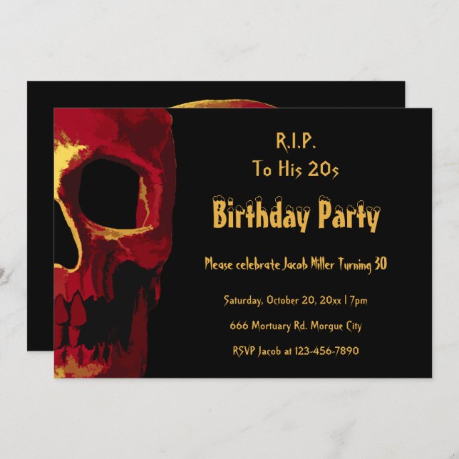 Gothic Skull Red Yellow Birthday RIP To His 20s Invitation (Front/Back)