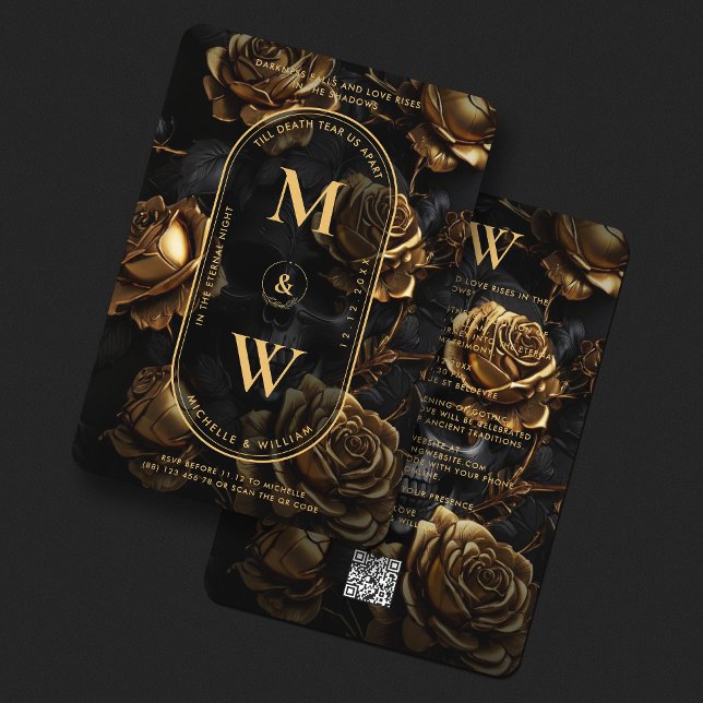 Gothic Skull Rose Boho Elegant Monogram Black Gold Invitation (Gothic Skull Rose Boho Elegant Monogram Black Gold Invitation
)