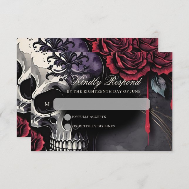 Gothic Skull & Rose Elegant Dark Wedding RSVP Card (Front/Back)