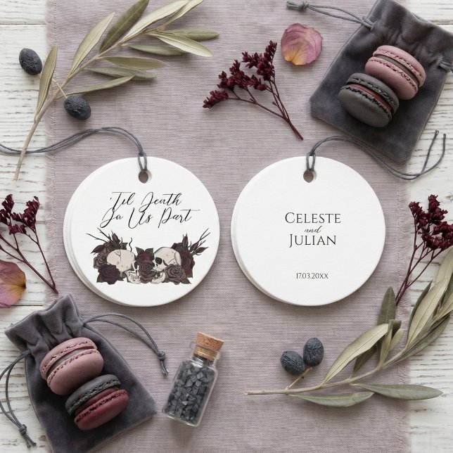 Gothic Skull & Rose Round Favour Tags (Moody Gothic Wedding Favor Tag with hand-drawn skulls and maroon roses with whimsigoth aesthetic)