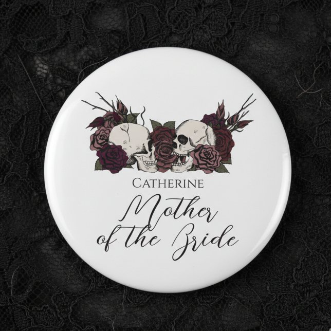 Gothic Skull & Rose Wedding Party 6 Cm Round Badge (Elegant Gothic Wedding Buttons for Mother of the Bride or Bridesmaid. Gothic Wedding Party Buttons)