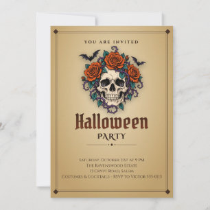 Gothic Skull Roses Adult Halloween Party Invite