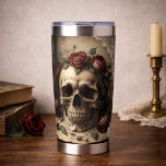 Gothic Skull Roses Monogram Dark Academia Design Insulated Tumbler<br><div class="desc">A striking gothic design featuring a detailed skull crowned with deep red roses and delicate lace accents, set against an antique parchment background. Inspired by Victorian memento mori symbolism and dark academia aesthetics, this artwork blends romantic florals with dramatic gothic imagery. The customizable monogram adds a personal touch, making the...</div>