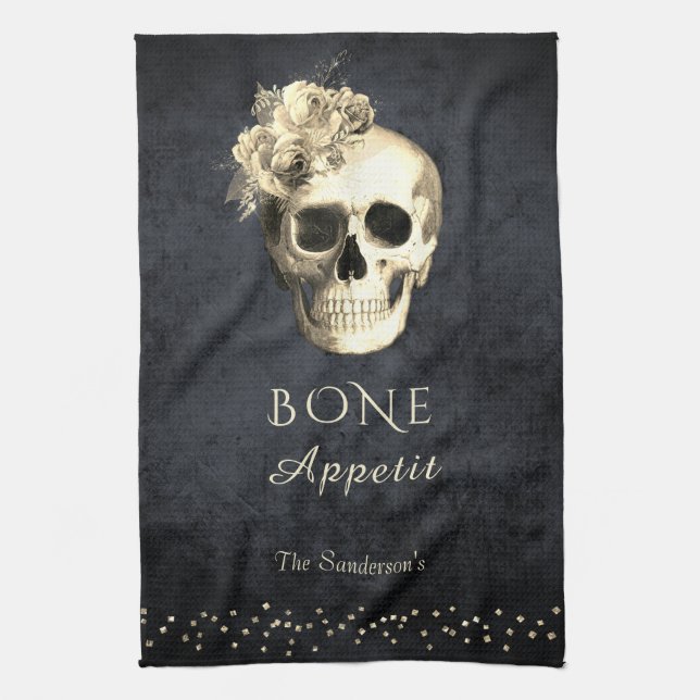 Gothic Skull Roses Personalised Tea Towel (Vertical)