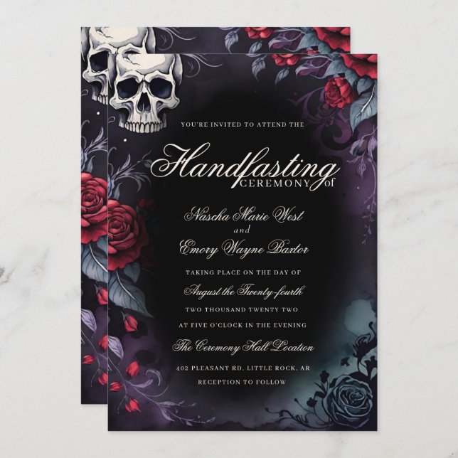 Gothic Skull & Roses Purple Black Handfasting Invitation (Front/Back)