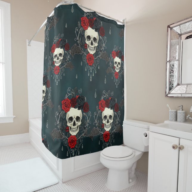 Gothic Skull & Roses Shower Curtain (In Situ)